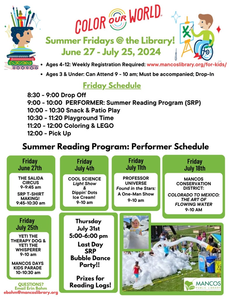 Summer library program schedule with activities, performer dates, and a bubble dance party on July 31st.