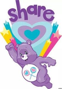 A purple cartoon bear with hearts and lollipops, surrounded by colorful stars and hearts, with the word "share" above.