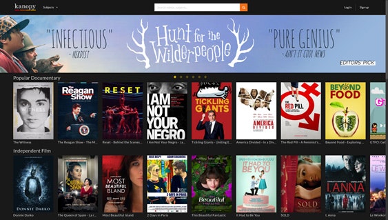 Screenshot of the Kanopy website showing film titles like "Hunt for the Wilderpeople," "The Witness," and "Donnie Darko."