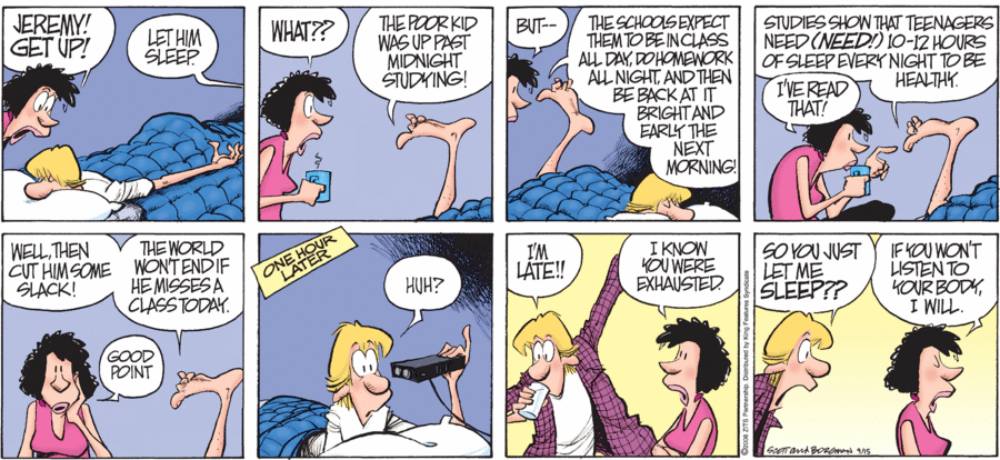 A comic about a mom letting her teenage son sleep in, discussing his late-night study and sleep needs, leading to him being late.