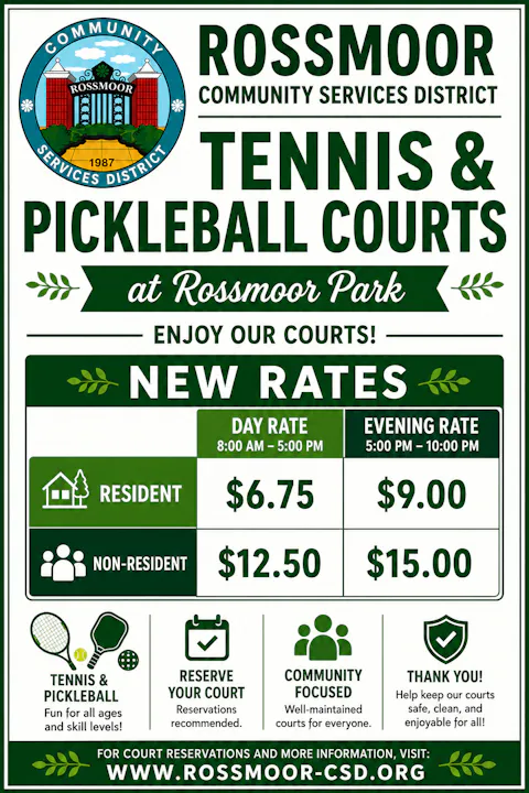 Sign for Rossmoor Park tennis and pickleball courts with new rates. Residents pay $6.75 (day) and $9 (evening); non-residents pay higher.