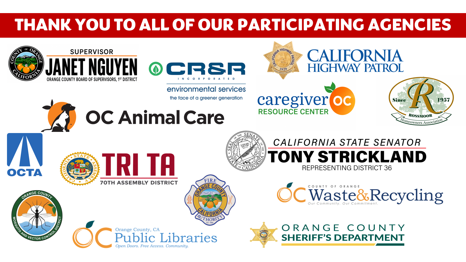 The image displays gratitude to various participating agencies, including local government, public services, and community organizations in Orange County.