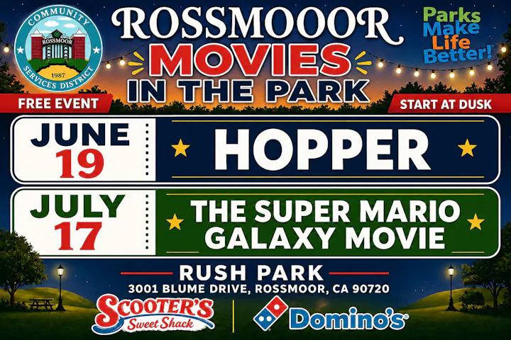 Rossmoor Movies in the Park: Free screenings of "Hopper" on June 19 and "The Super Mario Galaxy Movie" on July 17 at Rush Park.