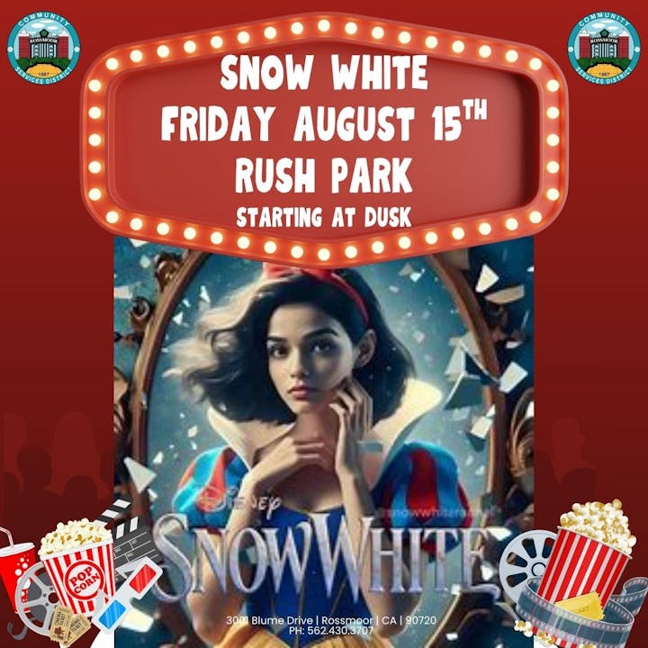 Snow White movie event at Rush Park, Friday, August 15th, starting at dusk.