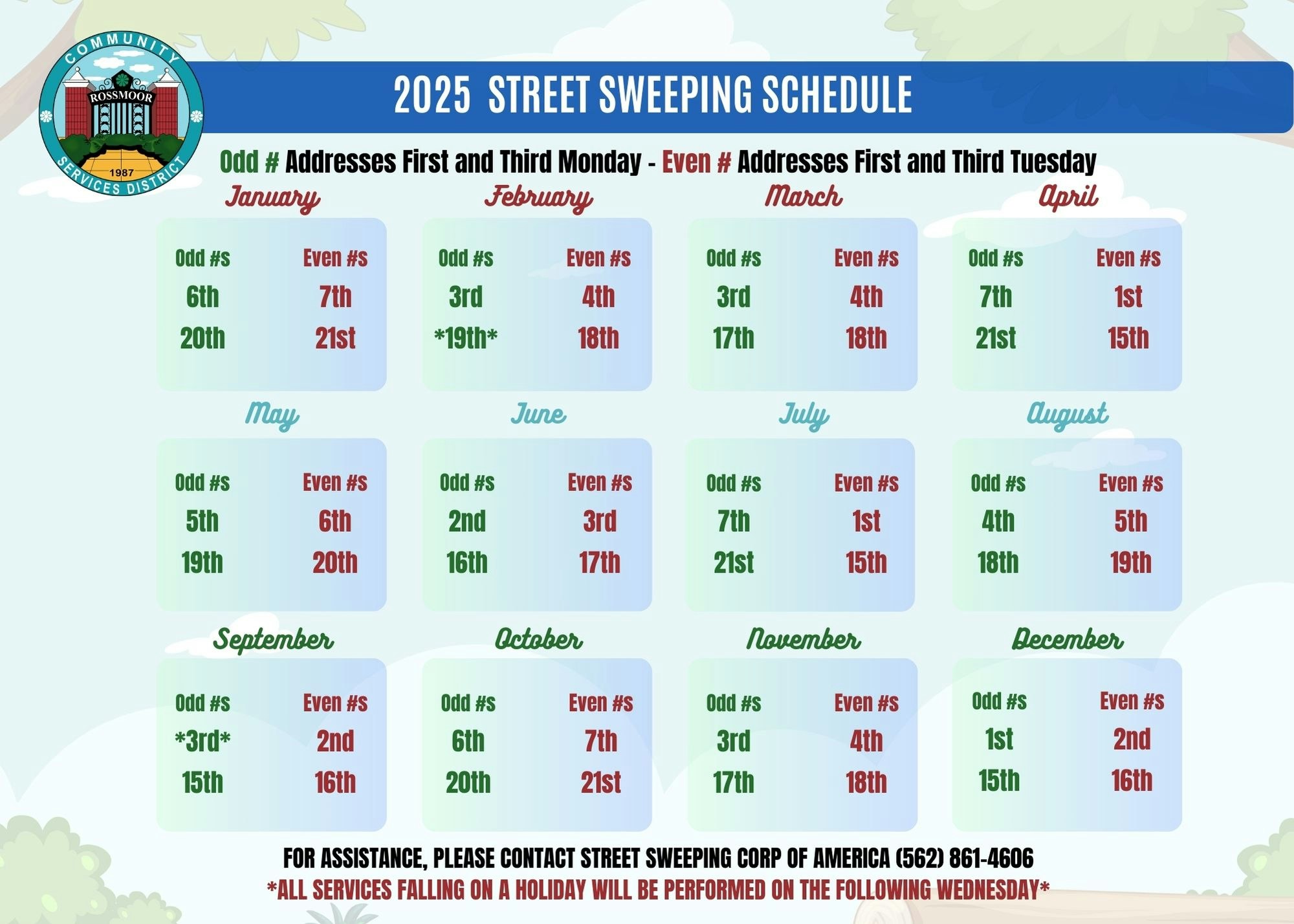 Street sweeping schedule for 2025: Odd # addresses on 1st/3rd Mondays, Even # on 1st/3rd Tuesdays. Includes service dates for each month.