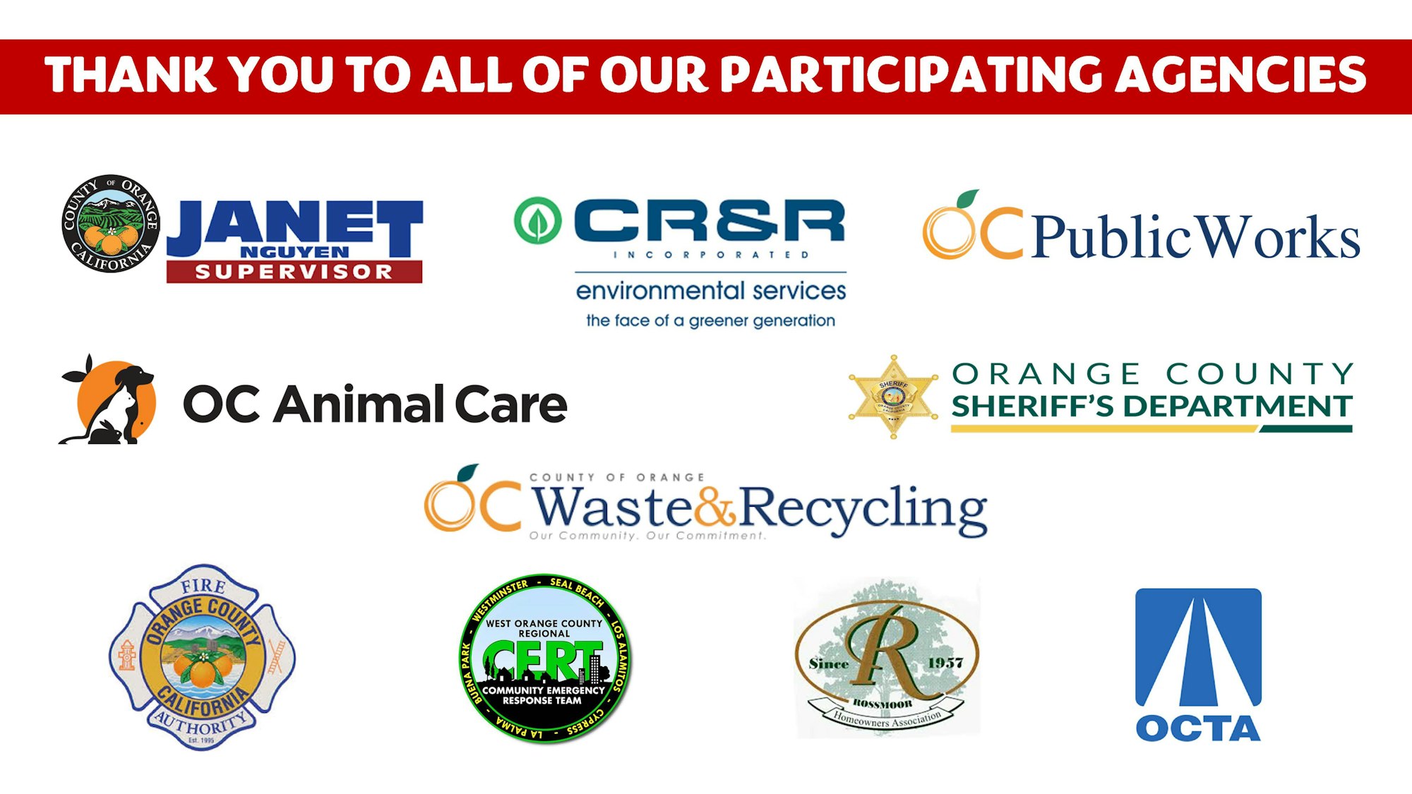 The image expresses gratitude to various participating agencies in Orange County, showcasing their logos.