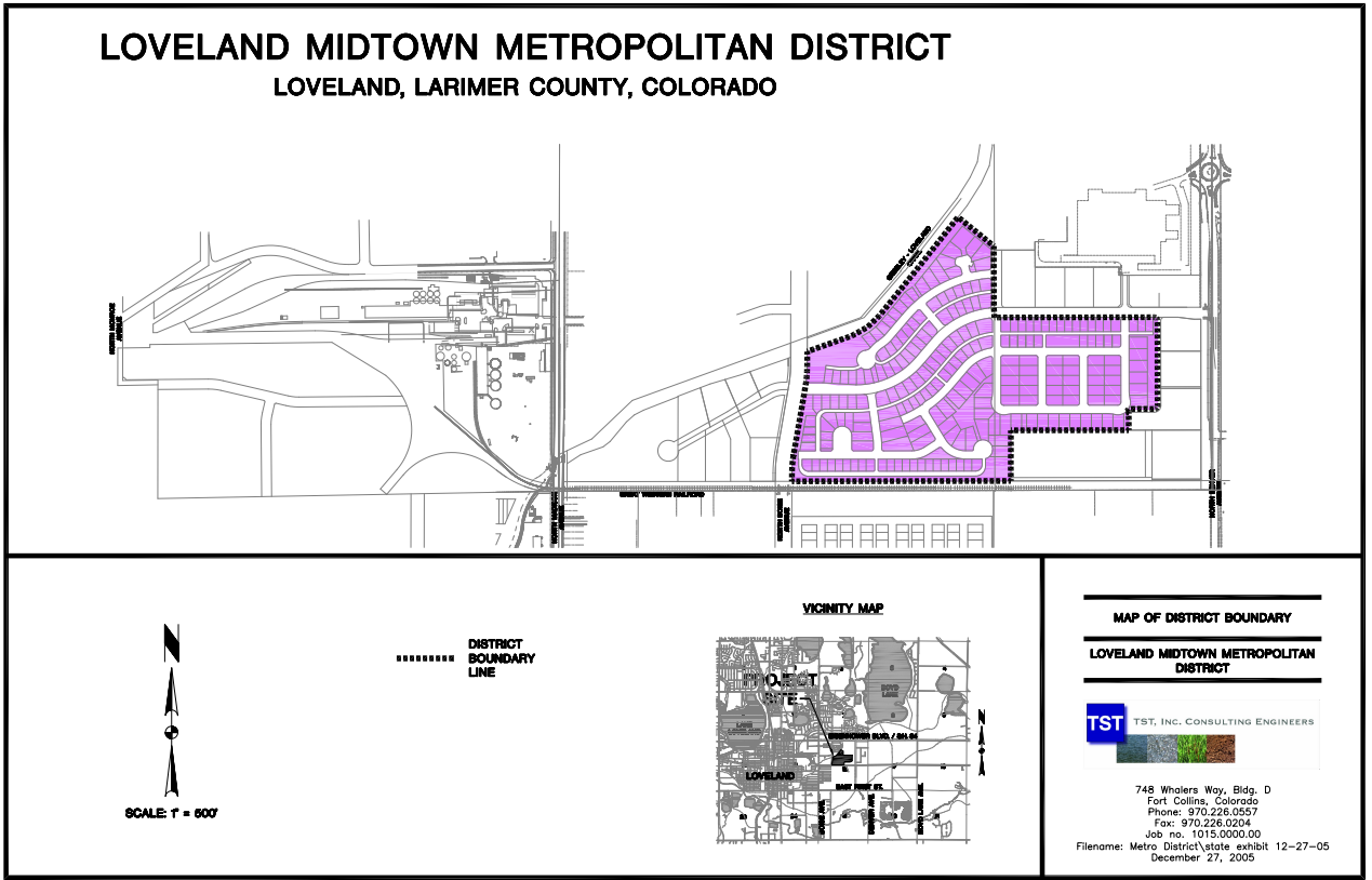 Map of Loveland Midtown Metropolitan District, Larimer County, Colorado, showing district boundaries and vicinity map.