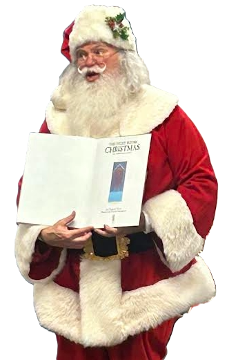 Santa Claus holding an open book with a Christmas theme.