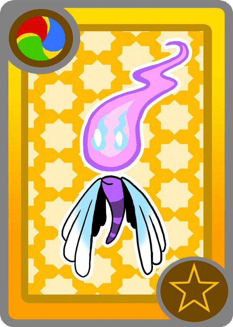 Pink sprite with white wings on yellow design background