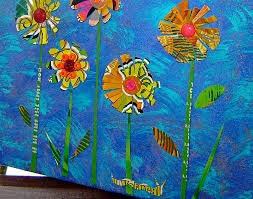 Colorful, stylized painting of flowers with patterned petals against a blue background.