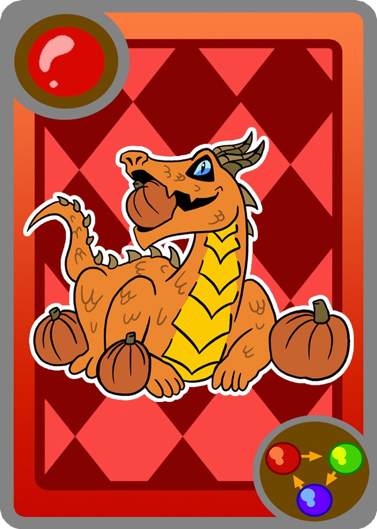 Orange dragon eating pumpkins