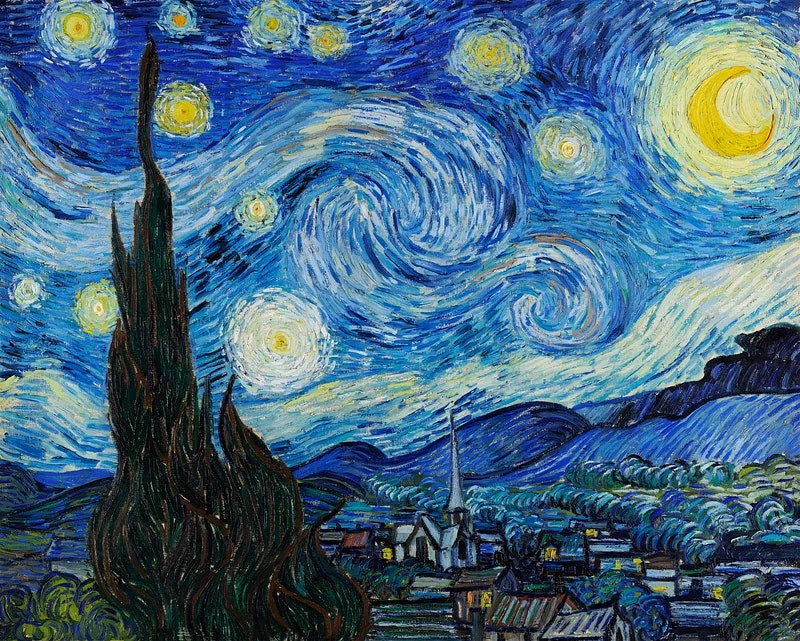 Starry night sky with swirling patterns, cypress tree, and village. (Post-Impressionist painting)