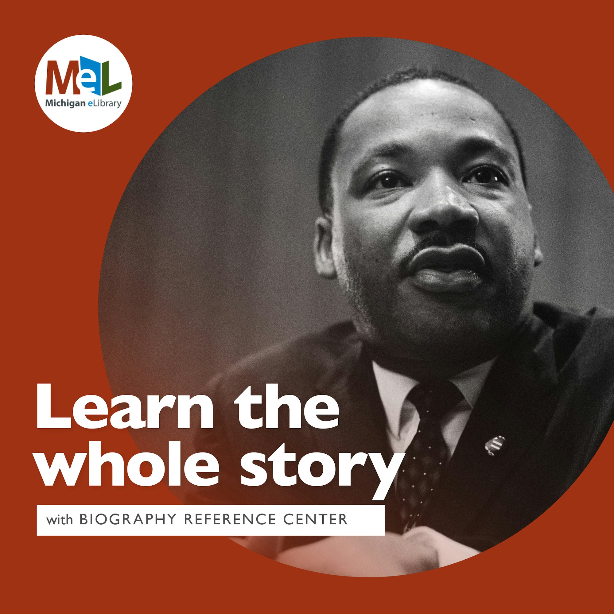 The image promotes learning through the Biography Reference Center, featuring a notable figure in black and white.