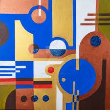 Abstract colorful painting with geometric shapes and lines.