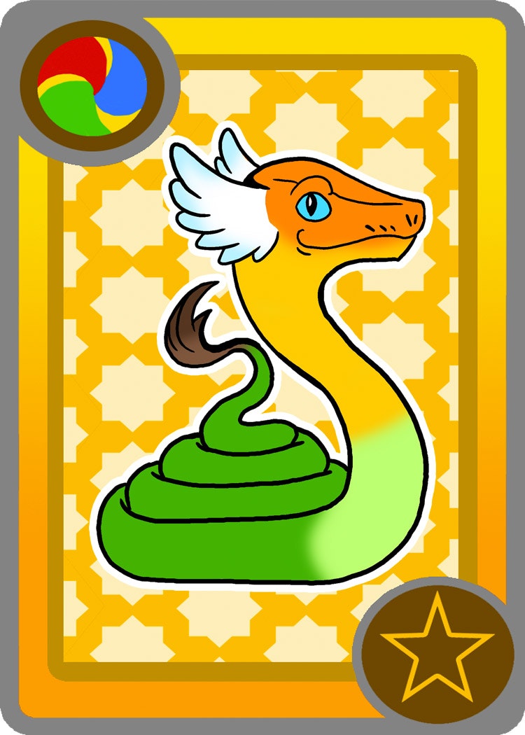 Coiled green snake with orange head and white ear tufts on yellow background
