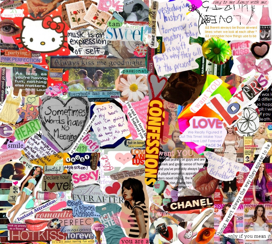 A colorful collage with magazine clippings, Hello Kitty, hearts, text phrases about love, and expressions of self.