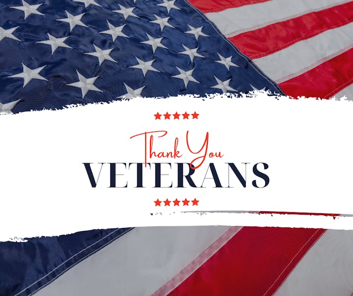 U.S. flag backdrop with text "Thank You Veterans" in red and blue, featuring stars.