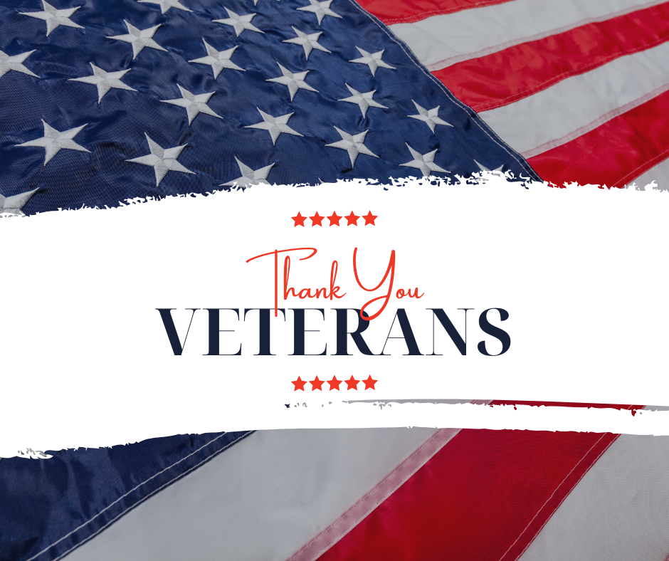 U.S. flag backdrop with text "Thank You Veterans" in red and blue, featuring stars.