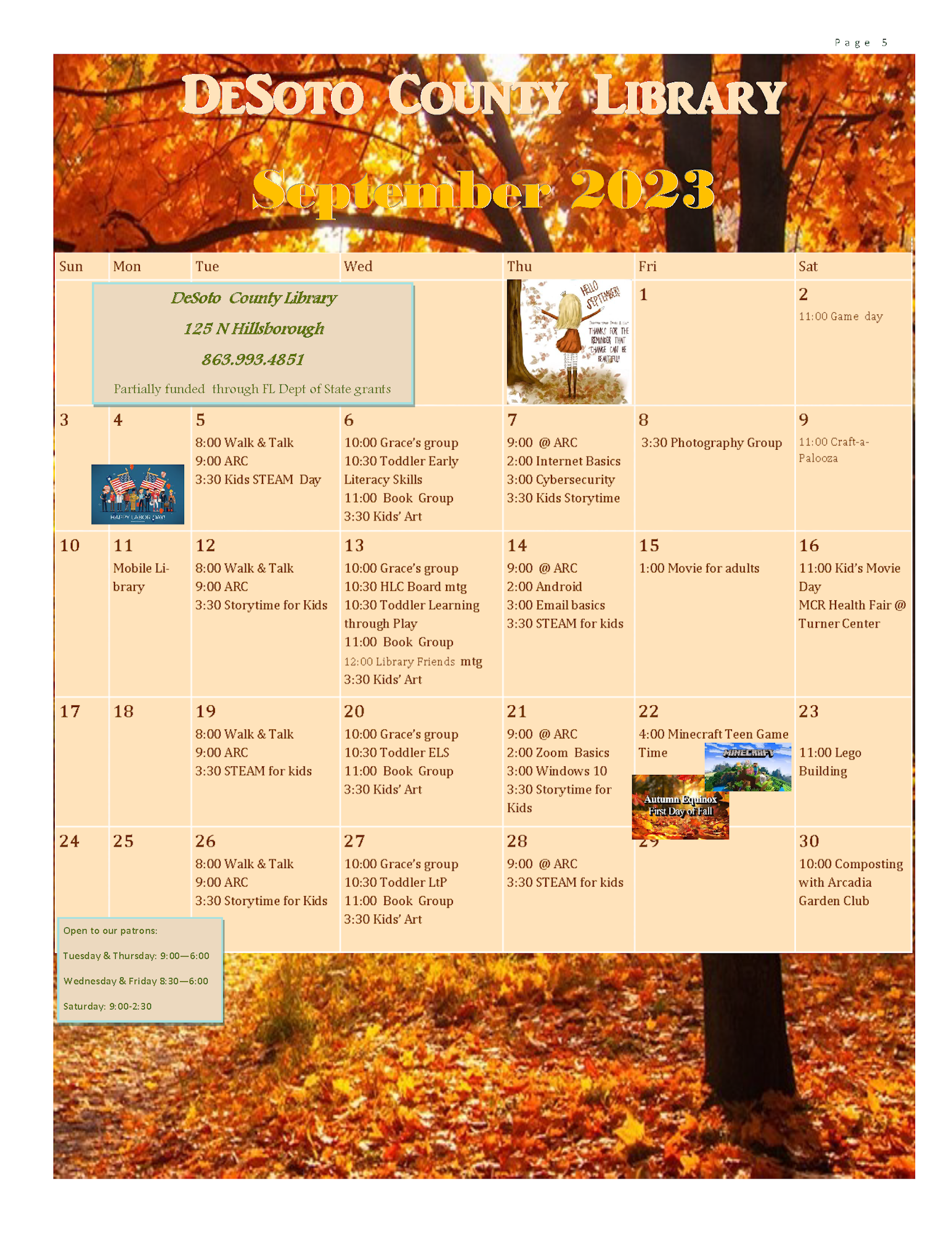 A library event calendar for September 2023 with dates, activities, and an autumn-themed backdrop.