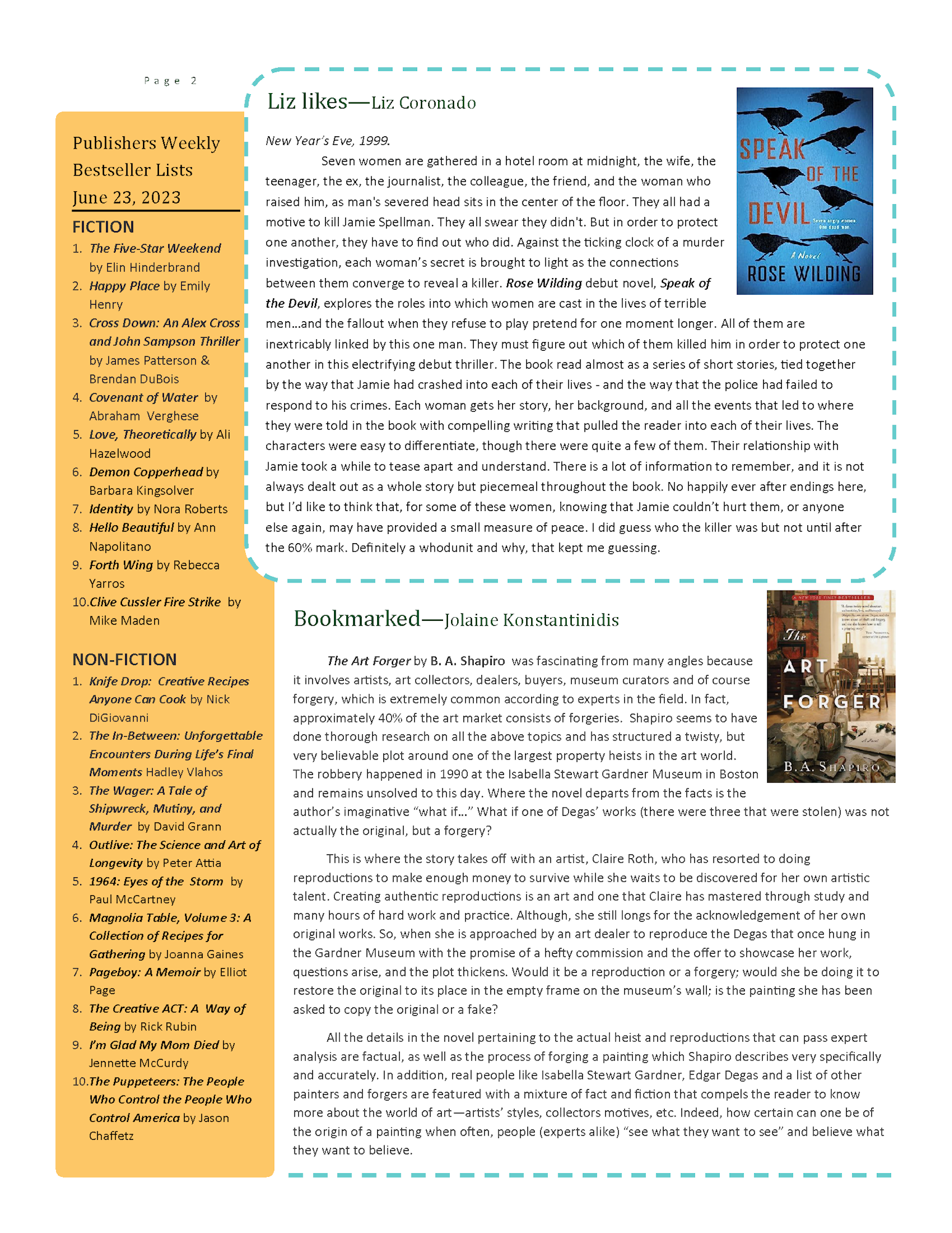 Text about book reviews, including "Speak of the Devil" by Rose Wilding and "The Art Forger" by B. A. Shapiro, plus a Publishers Weekly Bestseller List.