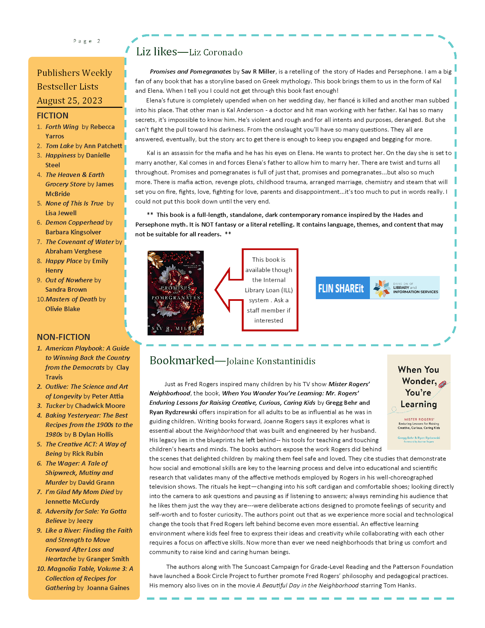 An excerpt from a newsletter highlighting a book review, bestseller lists, and a discussion of a book inspired by Mr. Rogers.