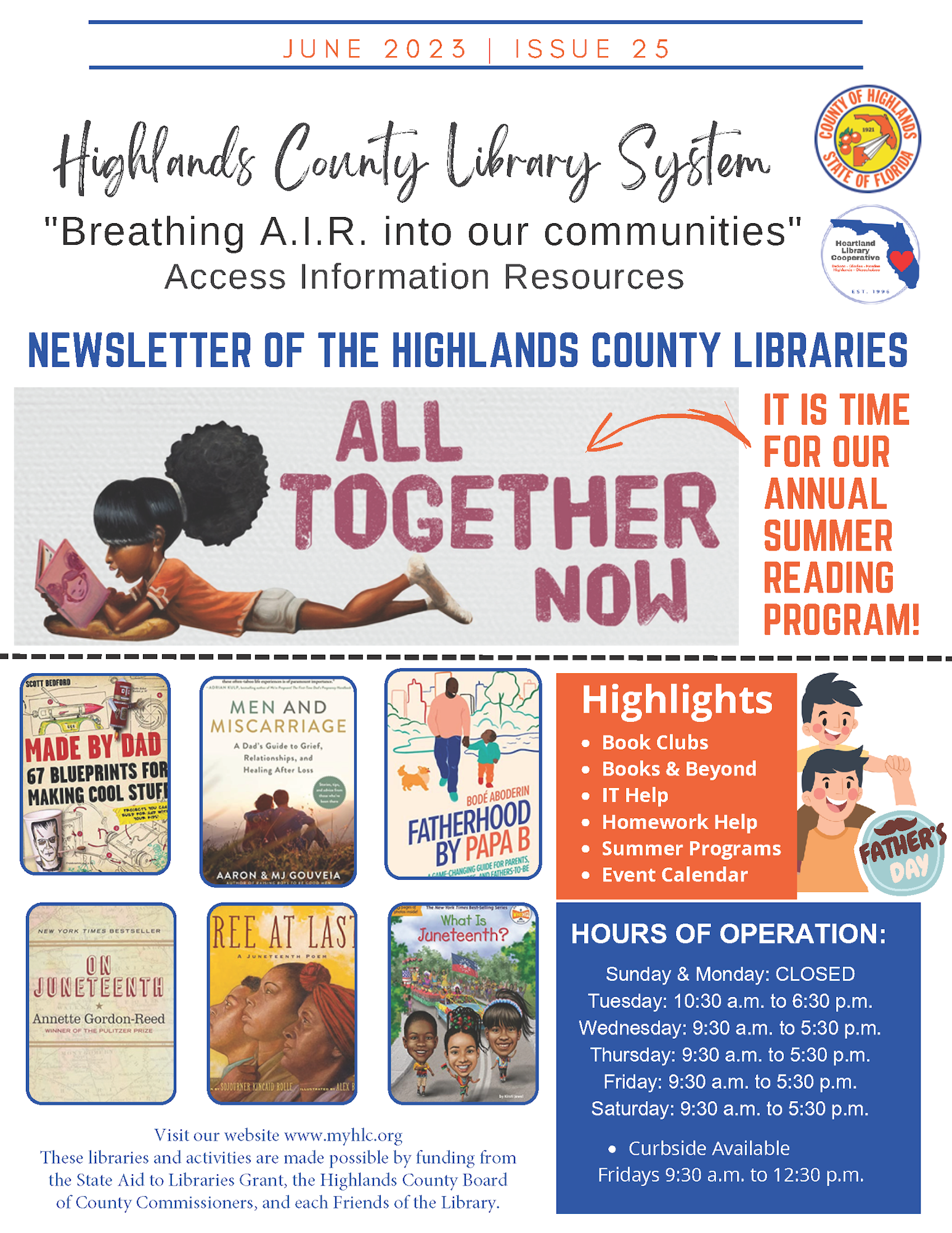 A colorful newsletter from Highlands County Library with event highlights, operation hours, and a summer reading program announcement.