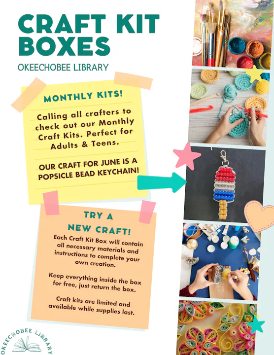 Okeechobee Library offers monthly craft kits for adults and teens. June's project is a popsicle bead keychain. Supplies limited!