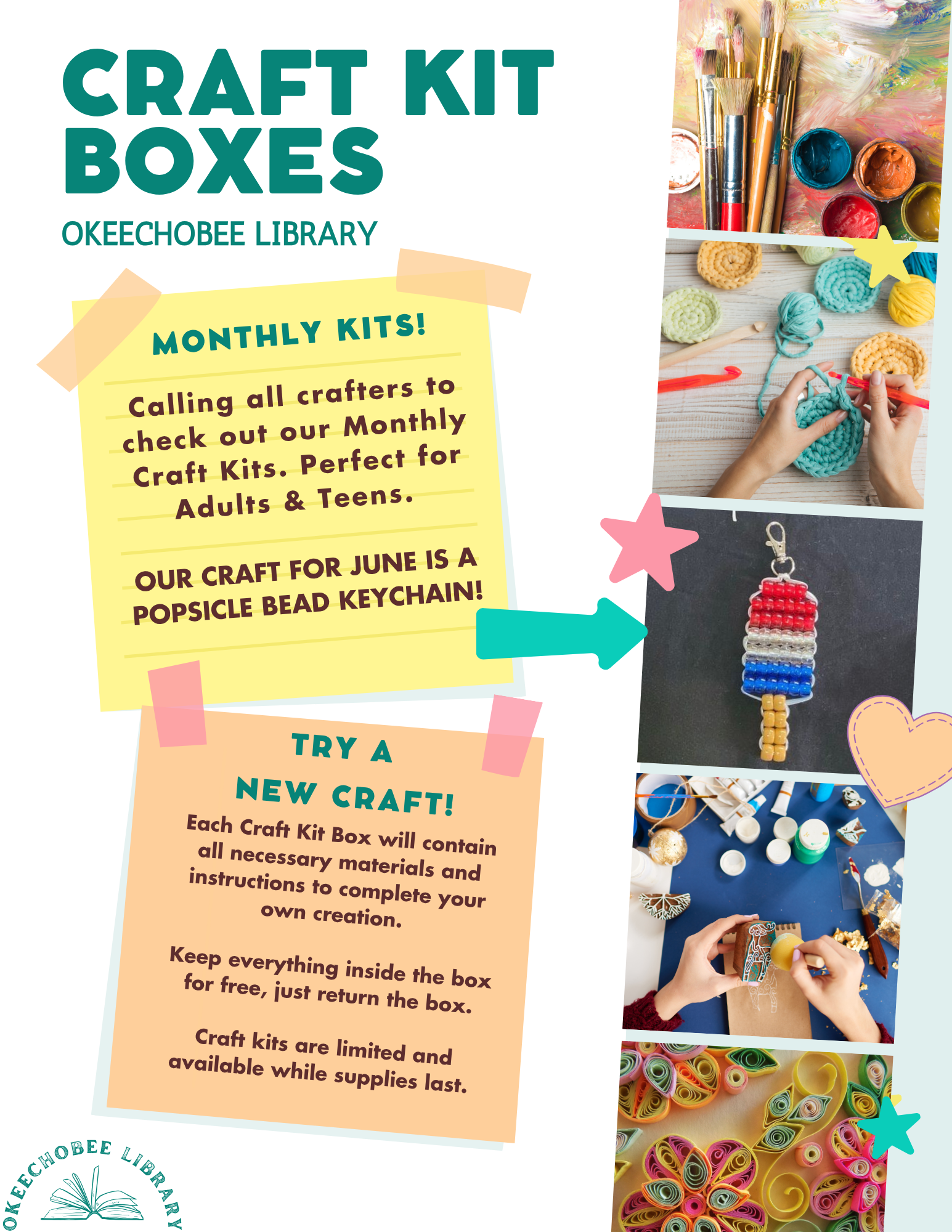 Okeechobee Library offers monthly craft kits for adults and teens. June's project is a popsicle bead keychain. Supplies limited!