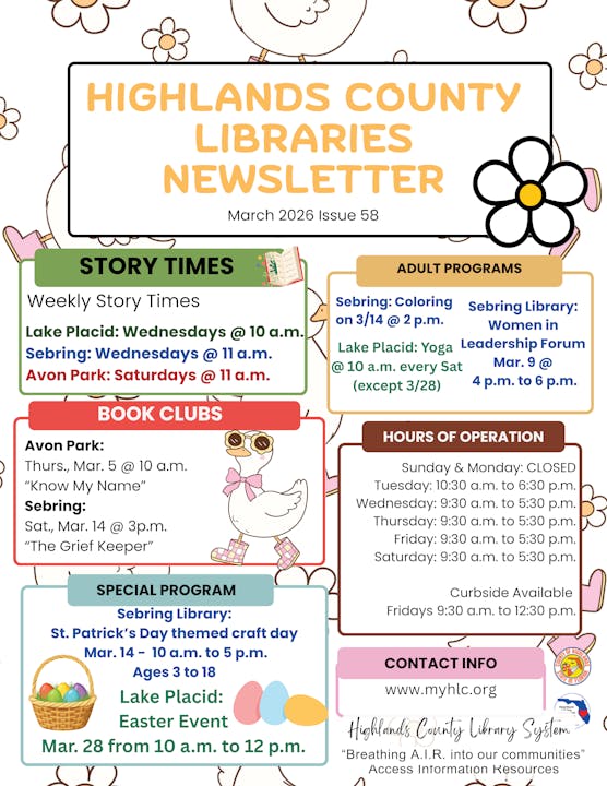 Highlands County Library System February 2026 newsletter page one