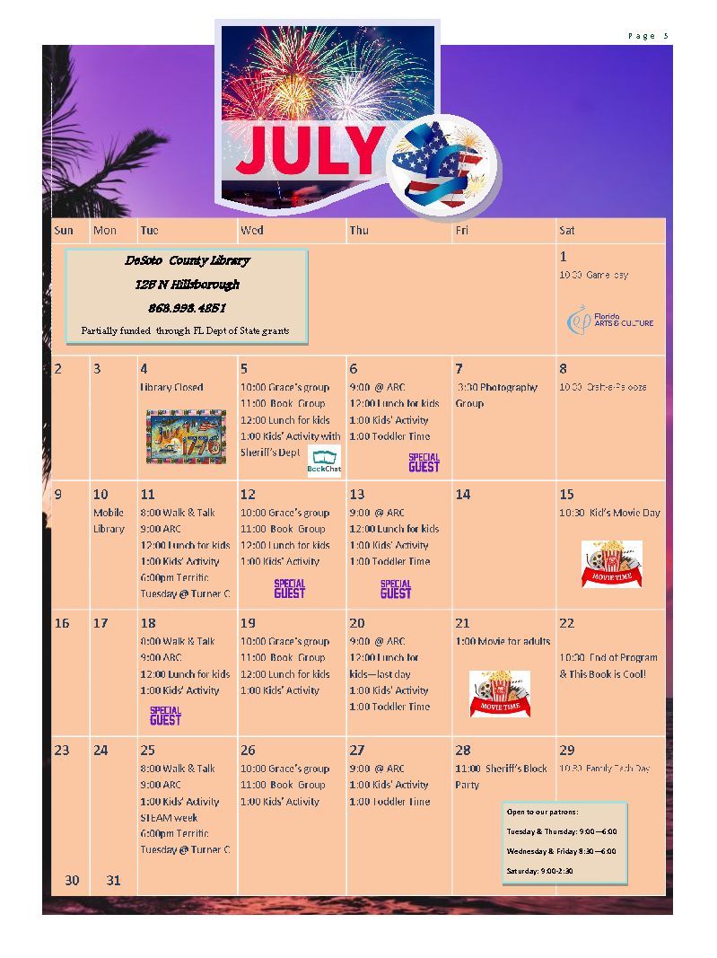 A colorful July event calendar with fireworks, American flag, library activities, and kids' programs.