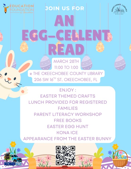 Join us for an Easter-themed reading event with crafts, free books, food, an egg hunt, and an Easter Bunny appearance on March 28th!