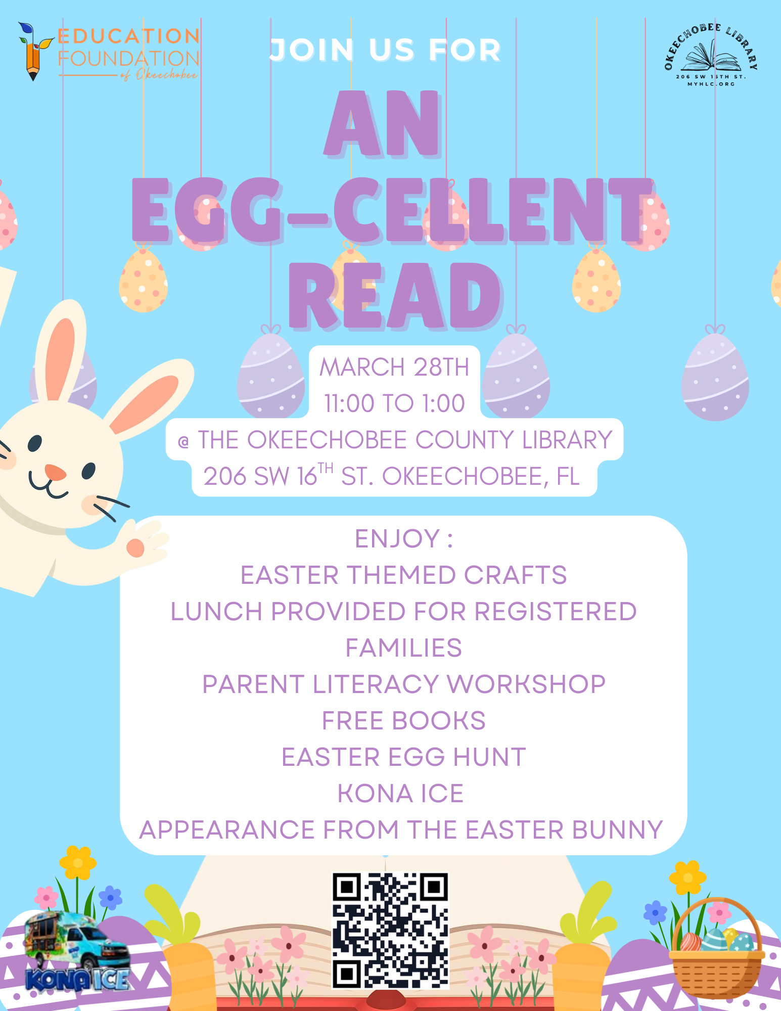 Join us for an Easter-themed reading event with crafts, free books, food, an egg hunt, and an Easter Bunny appearance on March 28th!