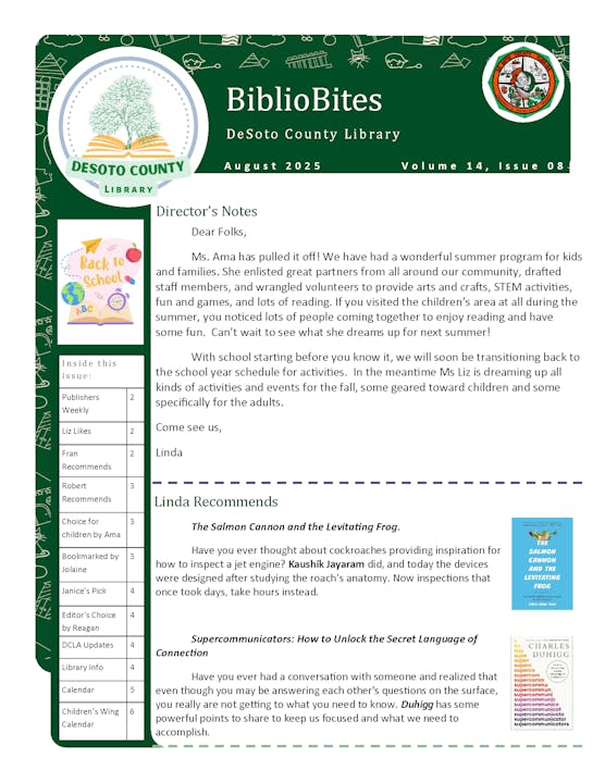 Newsletter page from "BiblioBites" with a director's note and book recommendations for August 2025, by DeSoto County Library.
