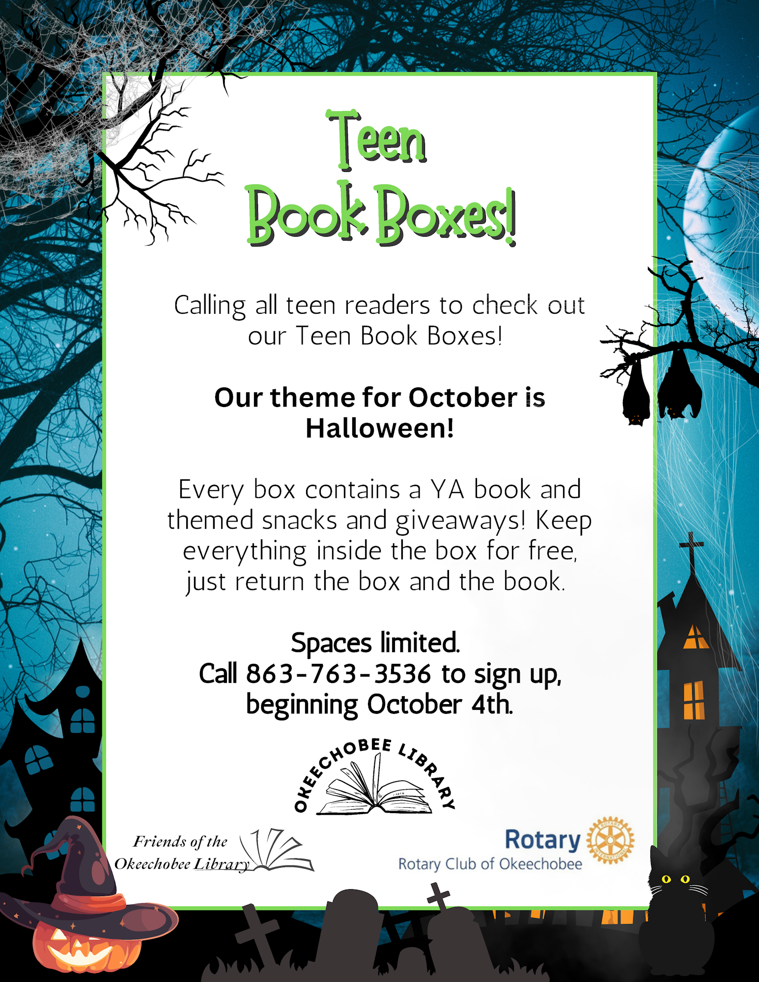 Teen Book Boxes for Halloween! YA book and snacks included. Limited spaces—call 863-763-3536 from October 4th to sign up.