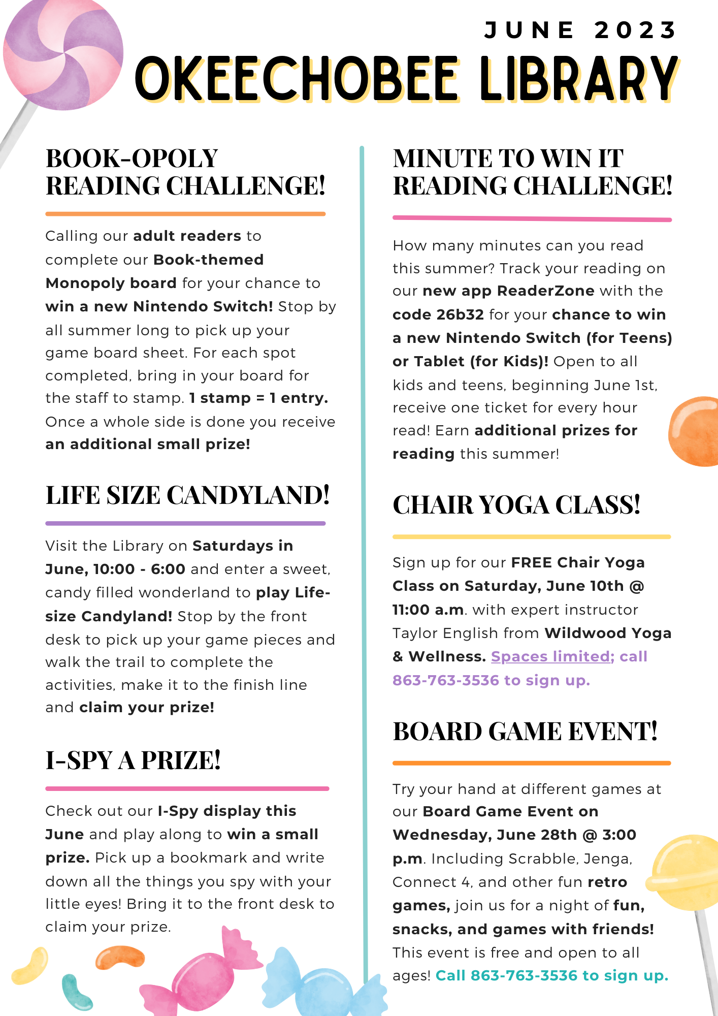 A promotional flyer for June 2023 events at Okeechobee Library, including reading challenges, games, and yoga class.