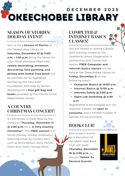 December events at Okeechobee Library: Holiday stories, free computer classes, a country concert, and a book club.