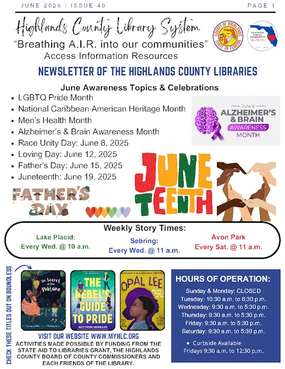 Newsletter highlighting June awareness topics, library events, story times, and book recommendations from the Highlands County Library System.