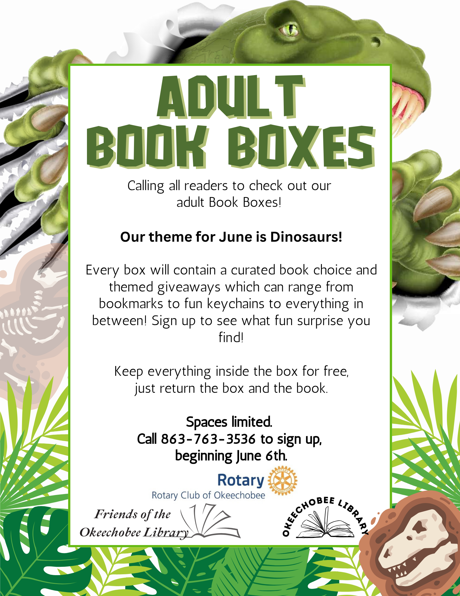 June's theme for adult Book Boxes is Dinosaurs! Curated book choices and giveaways. Sign up starting June 6th. Limited spaces!