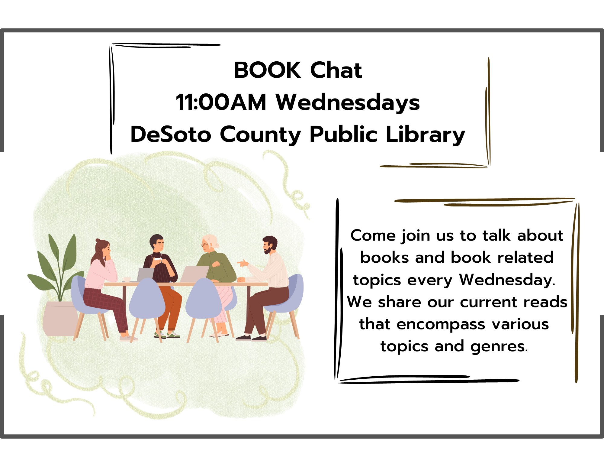 An advertisement for a weekly book chat at DeSoto County Public Library with an illustration of people discussing around a table.