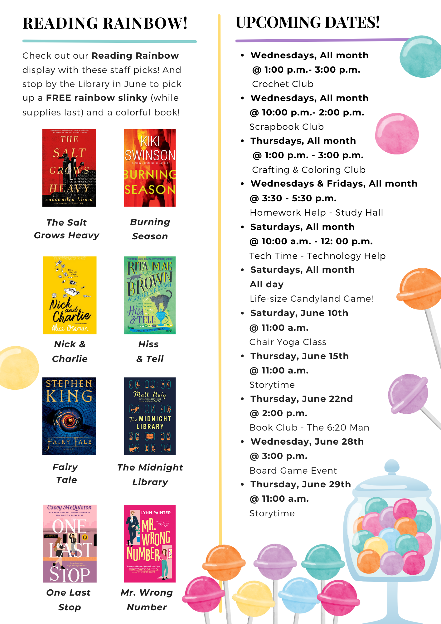 A colorful flyer promoting a "Reading Rainbow" event with book suggestions and a schedule of activities, including clubs, classes, and games.