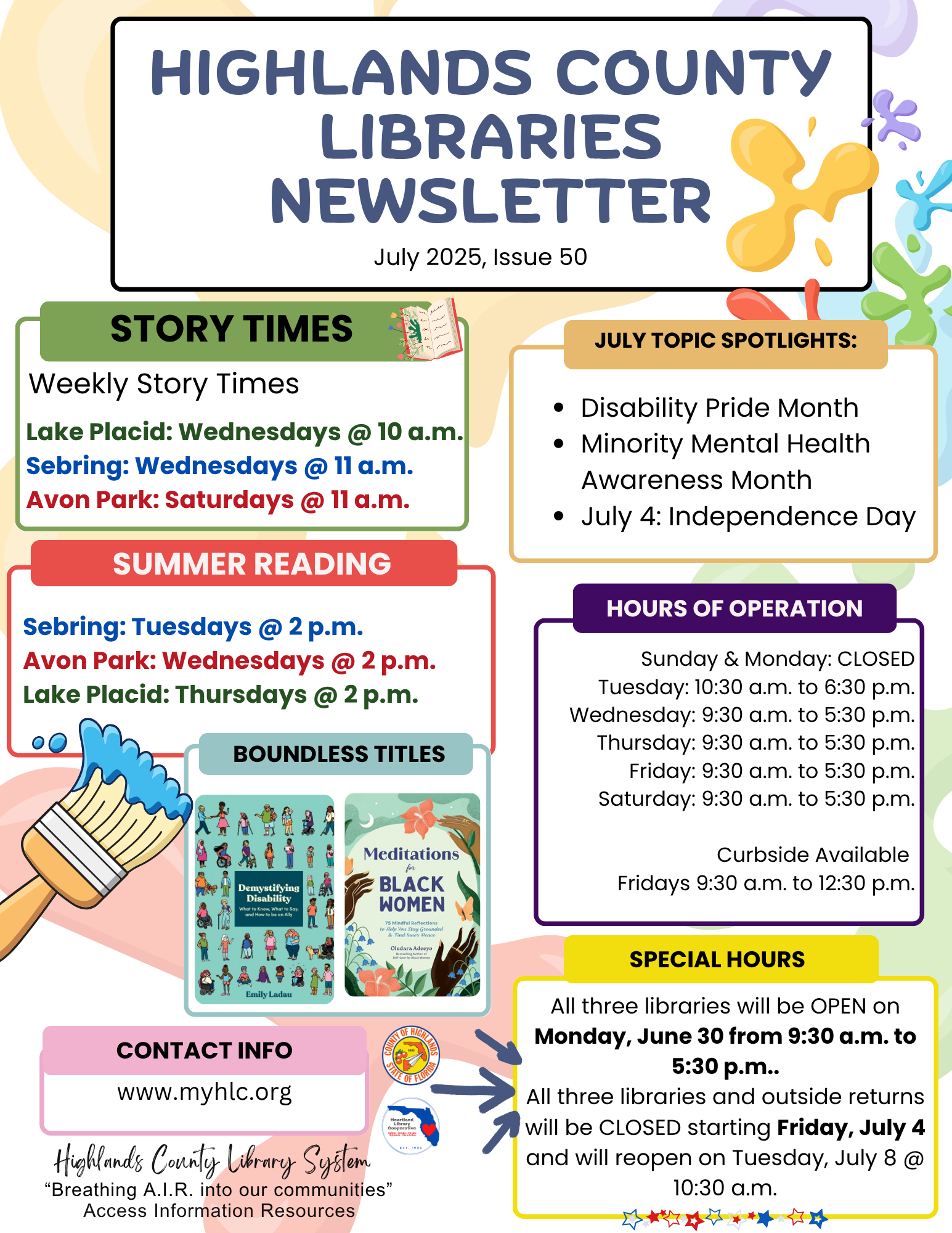 Highlands County Libraries July 2025 Newsletter: Story times, summer reading, events, hours, special dates, and contact info.