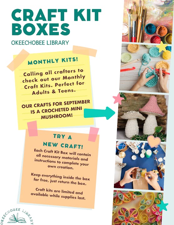 Craft Kit Boxes at Okeechobee Library with instructions for crocheting mini mushrooms. Free kits, limited supply.
