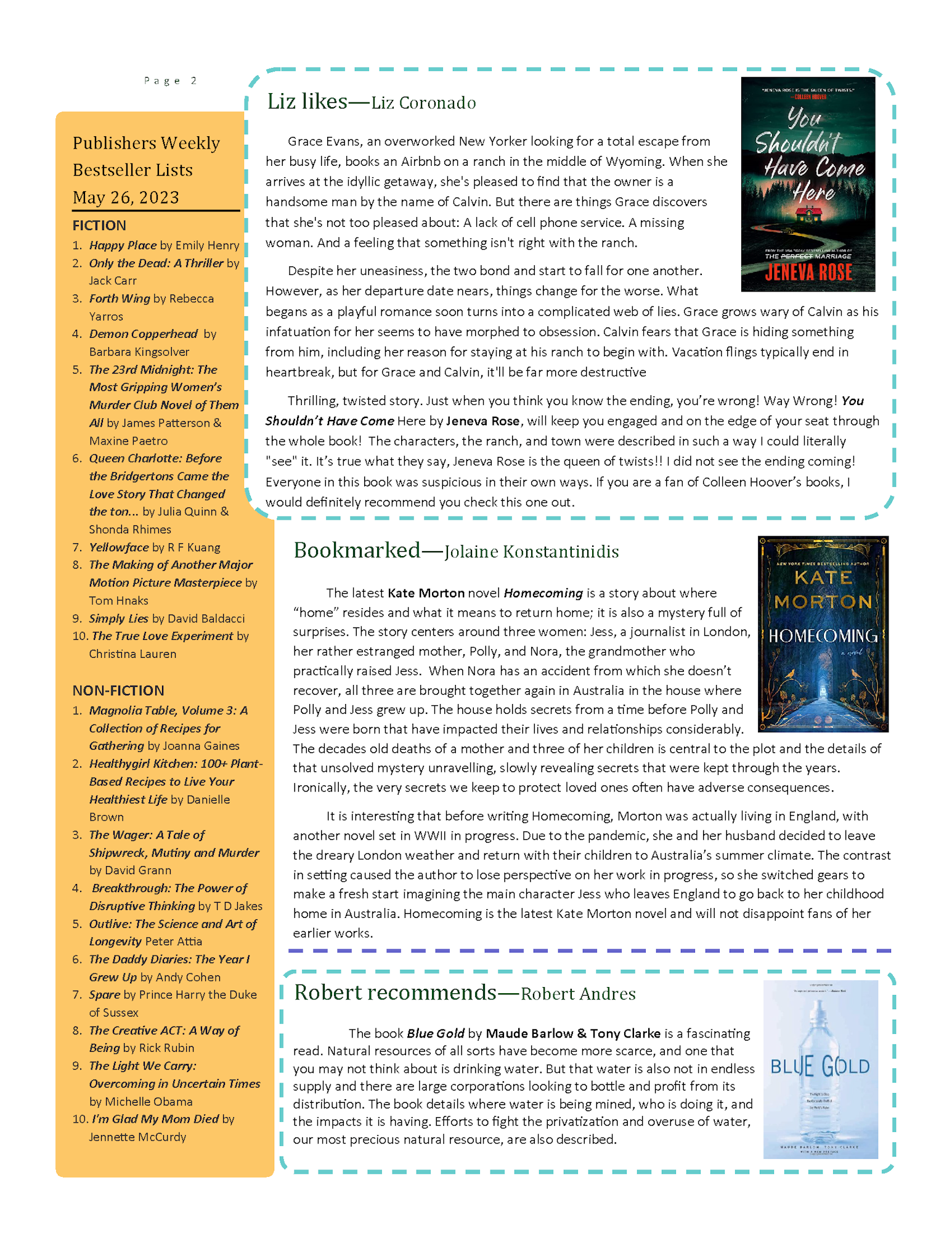 Page from a magazine featuring book reviews and a "Publishers Weekly Bestseller Lists" for fiction and non-fiction books.