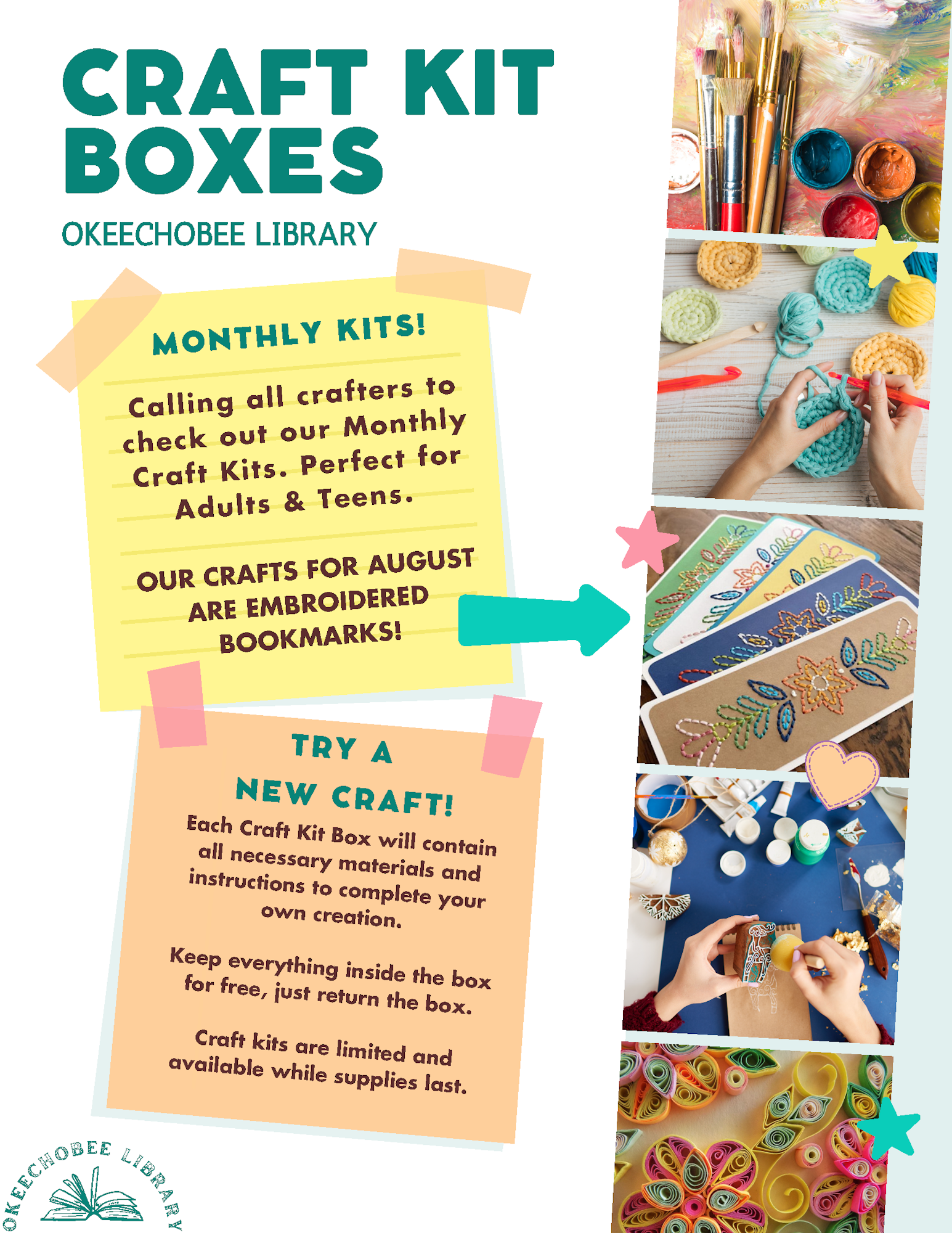 Craft kit box promo at Okeechobee Library for crafters, featuring August's embroidered bookmarks, with images of crafting materials.