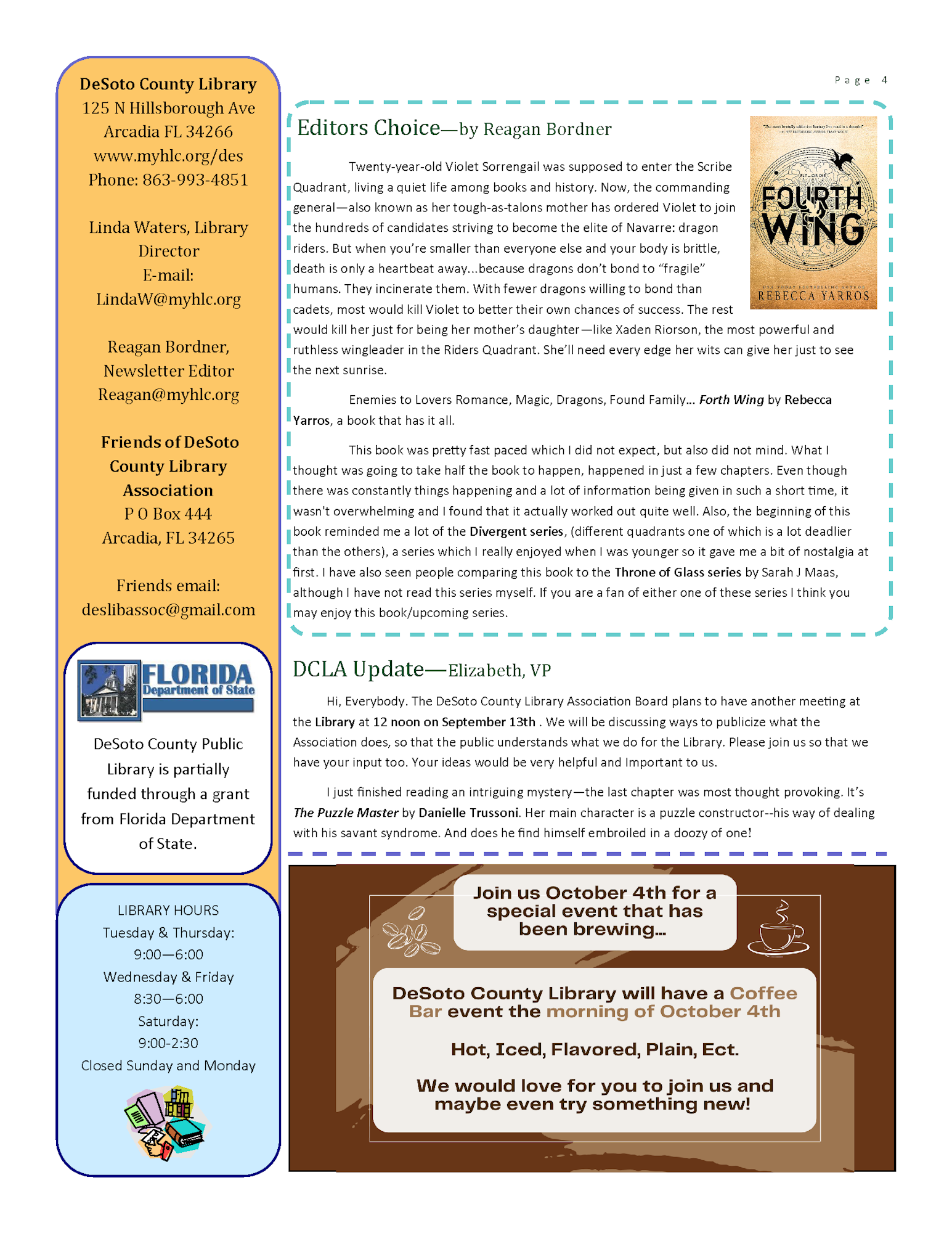 The image is a page from a newsletter featuring a book review, library updates, contact information, and an announcement for a coffee bar event.