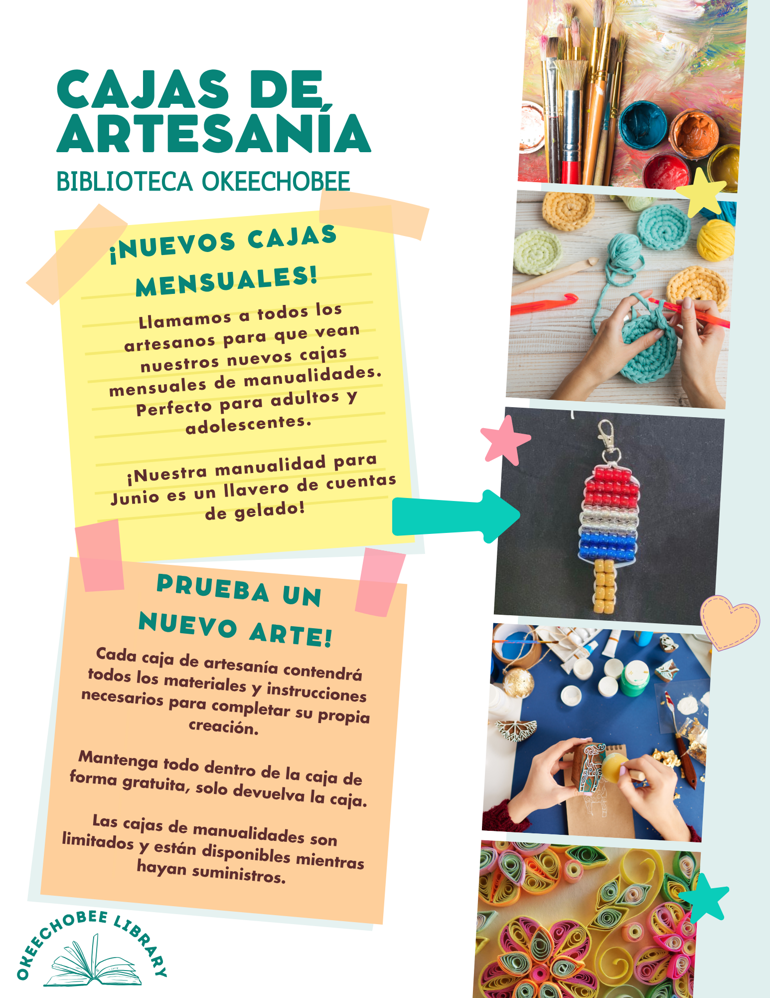 The image promotes monthly craft boxes at Okeechobee Library, ideal for adults and teens, featuring all needed materials.