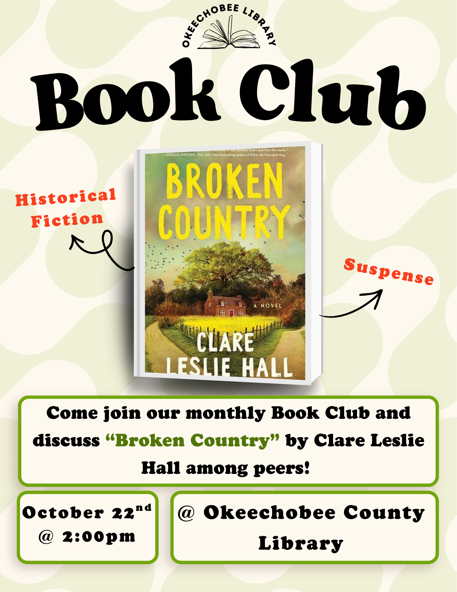 Okeechobee Library's Book Club discusses "Broken Country" by Clare Leslie Hall on Oct 22 at 2 PM. Join us!