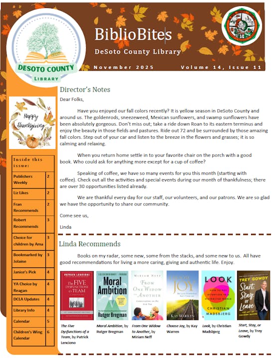 Newsletter for DeSoto County Library, November 2025. Includes Director's notes, book recommendations, and events.