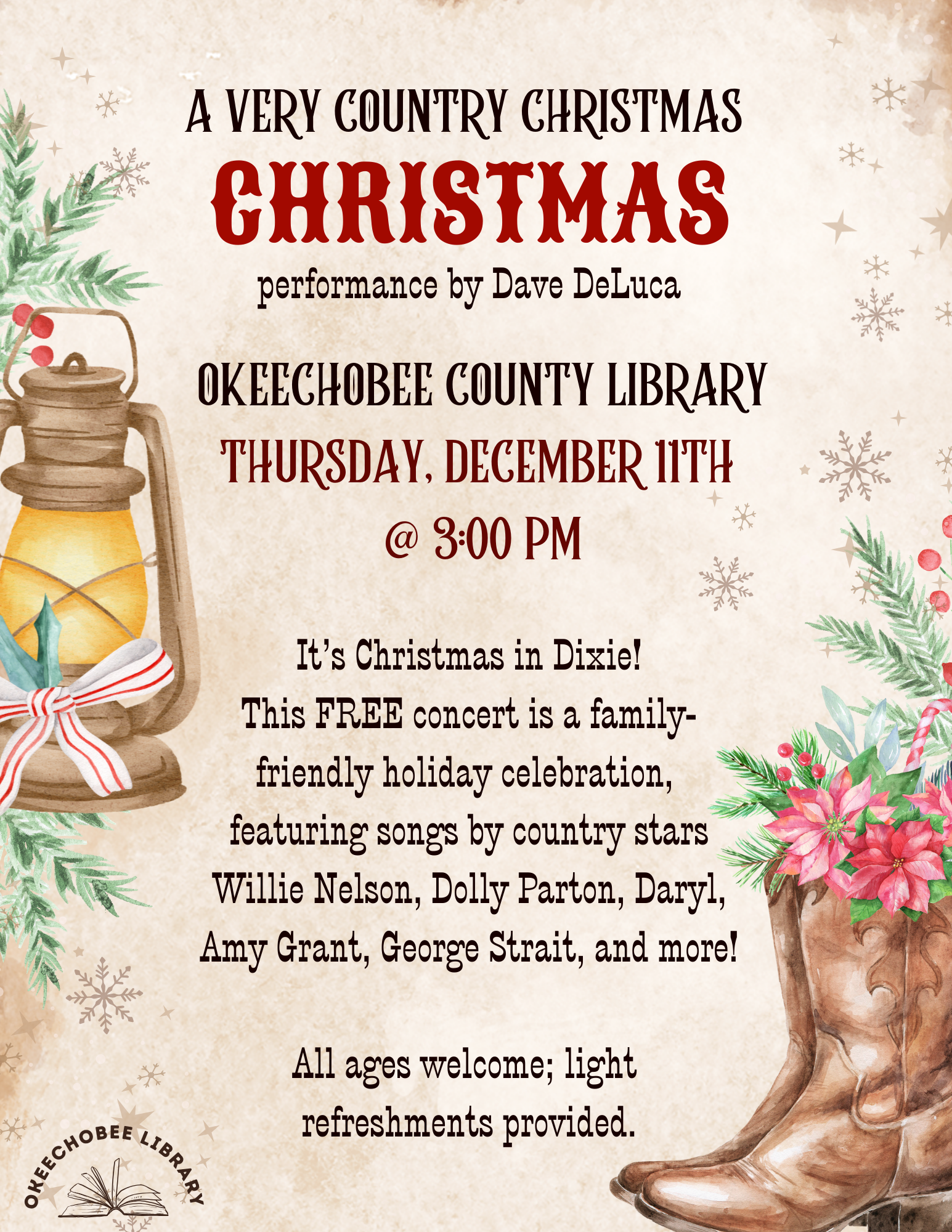 Free country Christmas concert at Okeechobee County Library on Dec 11 at 3 PM, featuring Dave DeLuca and iconic artists. All ages welcome!