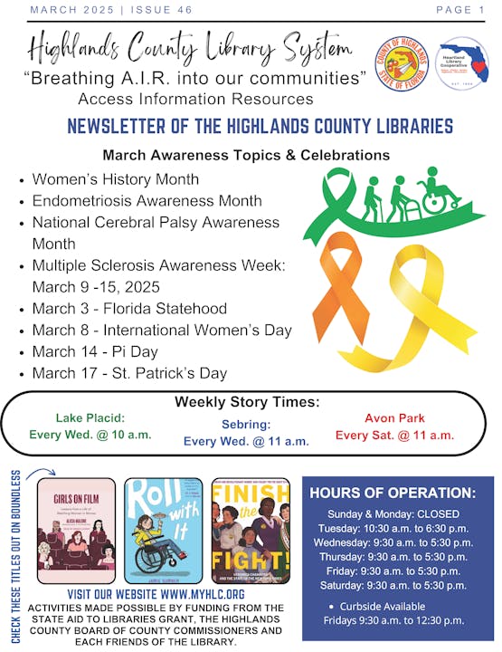 Highlands County Library newsletter with March events, story times, and hours of operation.